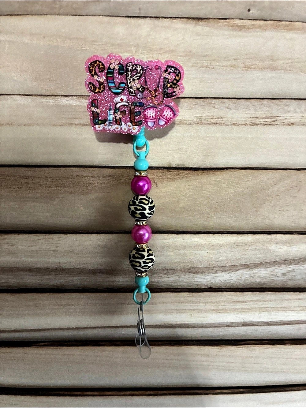 Beaded Pink & Blue Badge reel holder